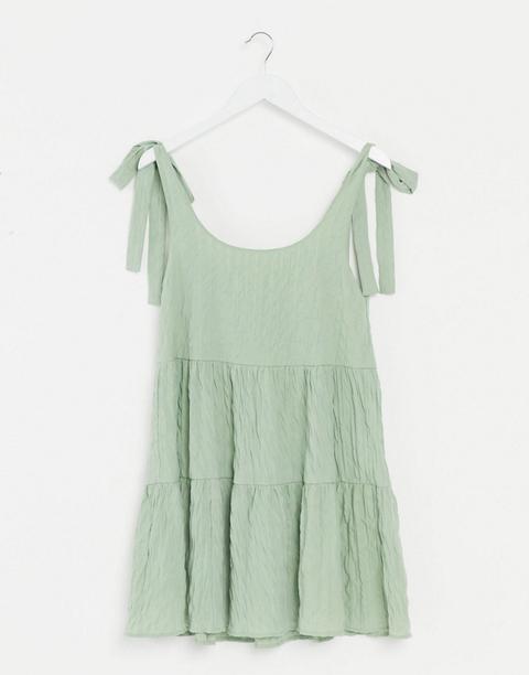 Asos Design - Robe Babydoll D'été Courte À Volants En Crépon De Coton-vert