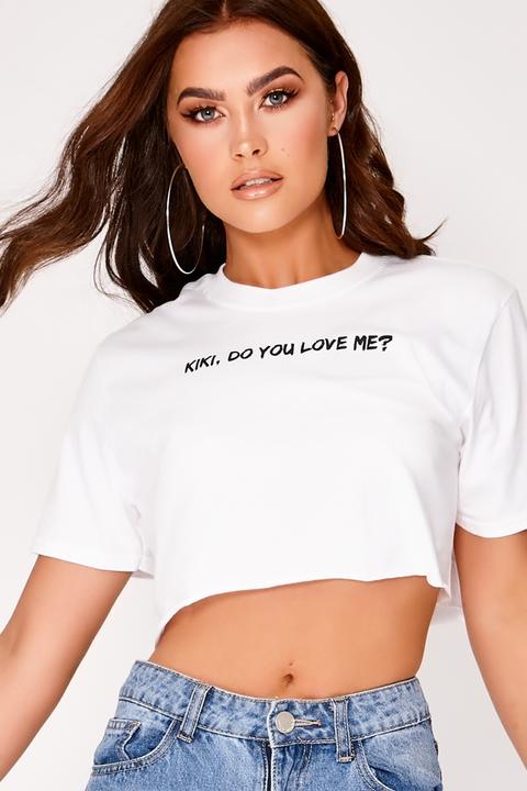 White Shirts - Kiki Do You Love Me? White Cropped Slogan T Shirt