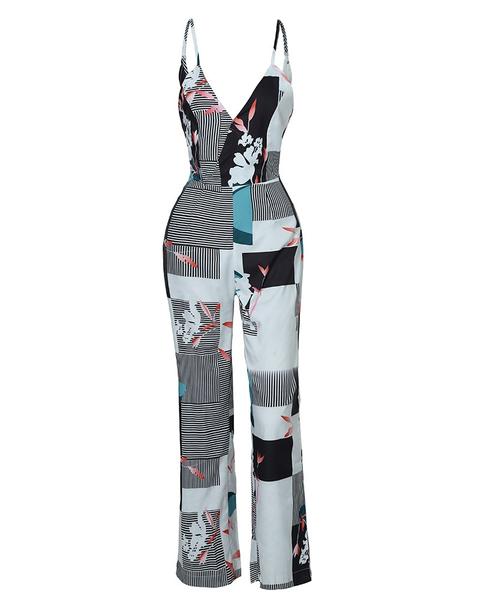 spaghetti strap mixed print jumpsuit