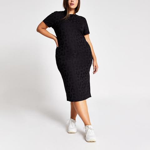 Plus Black Ri Embossed Bodycon Midi Dress