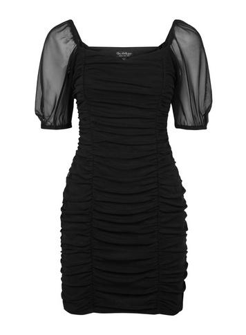 Womens Black Mesh Ruched Bodycon Dress, Black