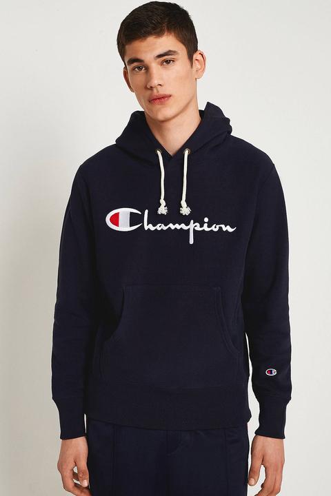 Champion Navy Script Hoodie - Mens L