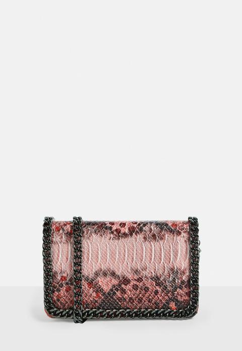Red Snake Print Chain Detail Cross Body Bag, Red