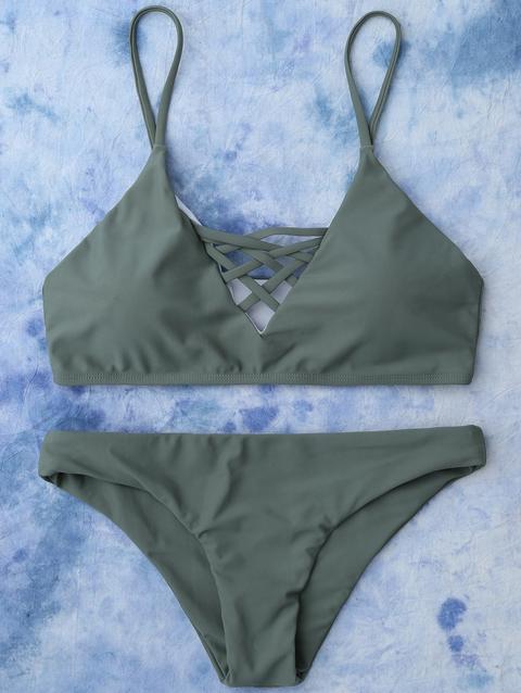 Lace Up Cami Bikini Swimwear - Army Green - M