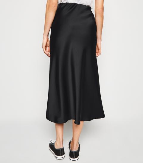 Black Bias Cut Satin Midi Skirt New Look