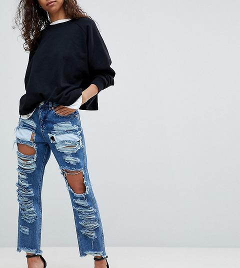 Asos Petite Original Mom Jeans In Authentic Mid Wash With Extreme Super Busts - Mid Wash Blue