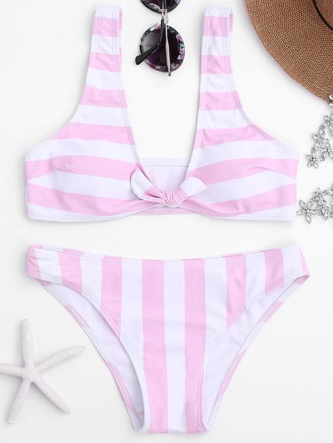 Bikini Set Con Nodo Anteriore A Righe Con Collo Rotondo Pink