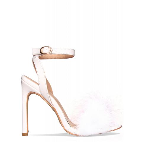 white faux fur heels