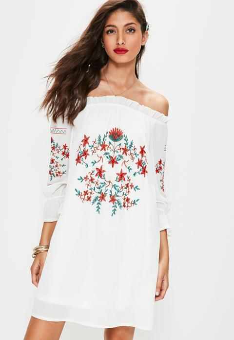 White Embroidered Bardot Dress