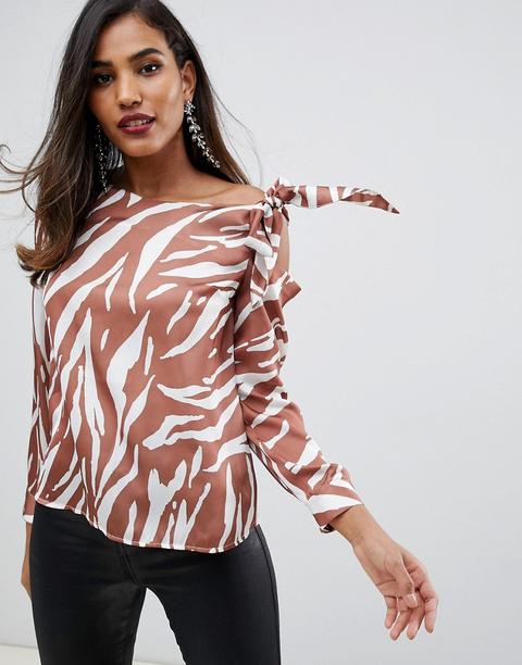 Asos Design - Top Monospalla In Raso Con Stampa Animalier Zebrata - Multicolore