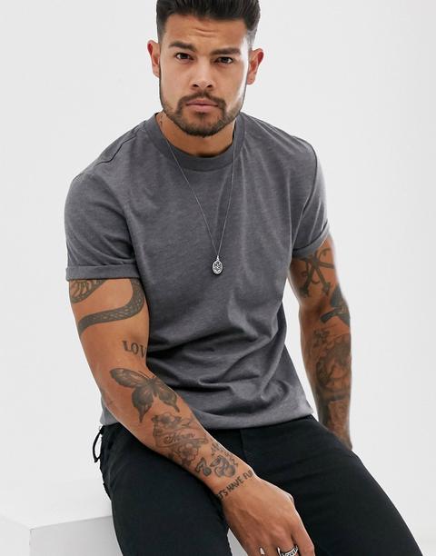 Camiseta Con Cuello Redondo Y Vuelta En La Manga En Marga Antracita De Asos Design-gris