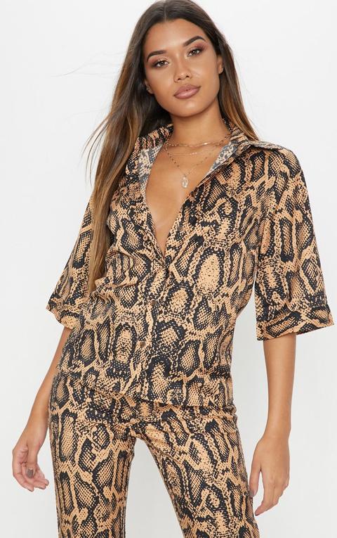 Orange Snake Print Button Front Shirt