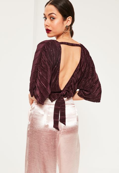 Purple Kimono Sleeve Pleated Crop Blouse