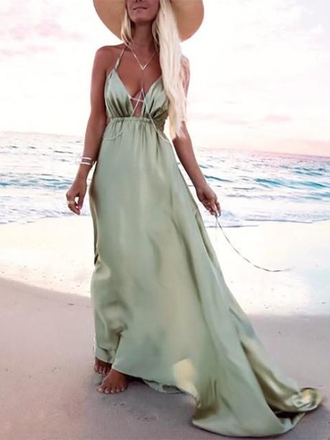 Maxi Dress Elegante Scollo A Barca Scollo Av Con Scollo A V Elegante Scollo A V Verde Chiaro