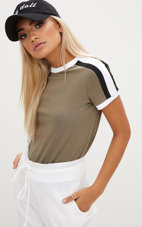 Khaki Triple Stripe Shoulder T Shirt