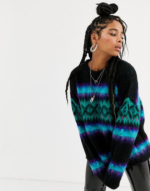 Emory Park Oversized Fluffy Knit Fairisle Jumper-black