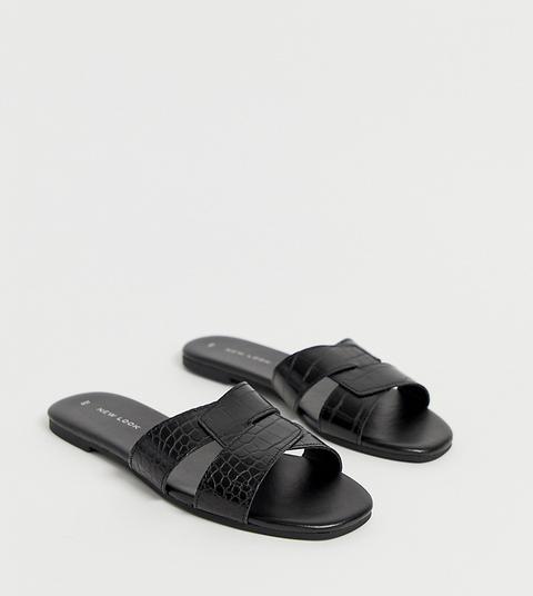 new look cross strap flat slider sandal in black croc