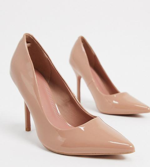 Asos Design Wide Fit Phoenix Pointed High Heeled Court Shoes In Beige Patent-neutral