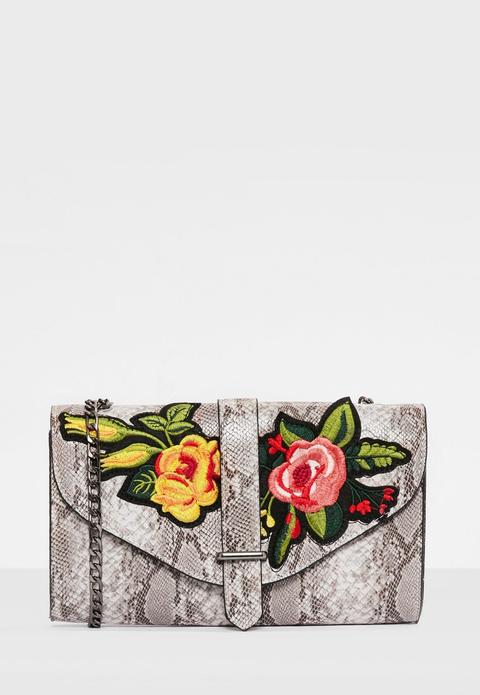 Grey Snake Print Embroidered Cross Body Bag