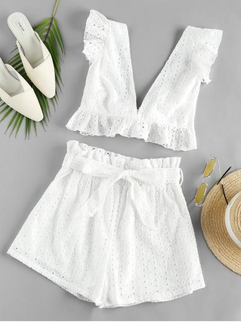 Zaful Set Con Shorts De Volantes Y Cinturón Milk White