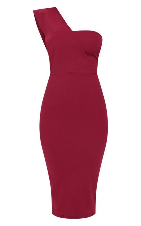 burgundy one shoulder draped midi dress