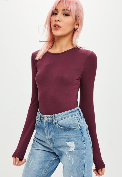 Purple Crew Neck Long Sleeved Bodysuit, Purple