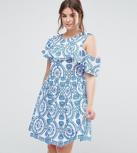 Asos Curve Premium Sleeveless Broderie Skater Mini Dress With Ruffle And Open Back - Multicolore