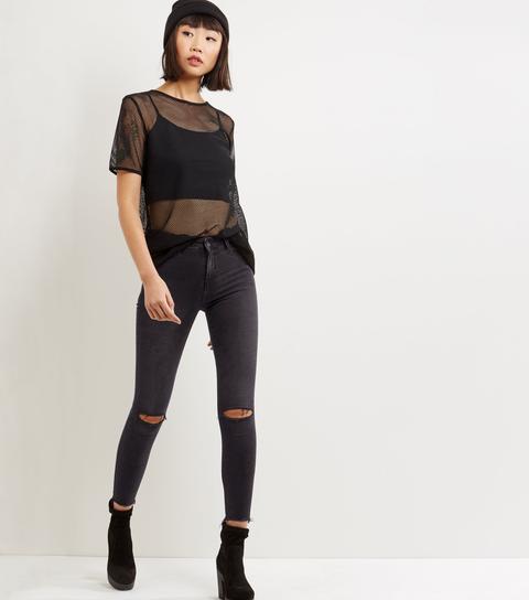 Black Ripped Knee Fray Hem Shaper Skinny Jeans