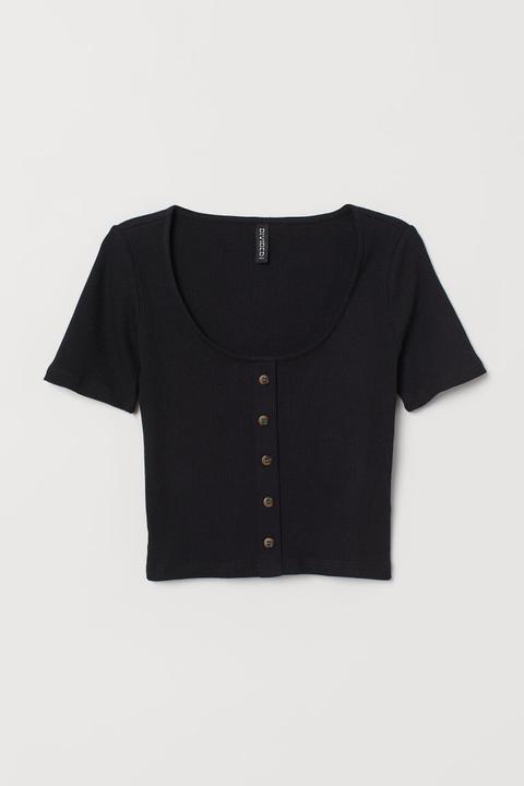 H & M - Top In Maglia A Coste - Nero