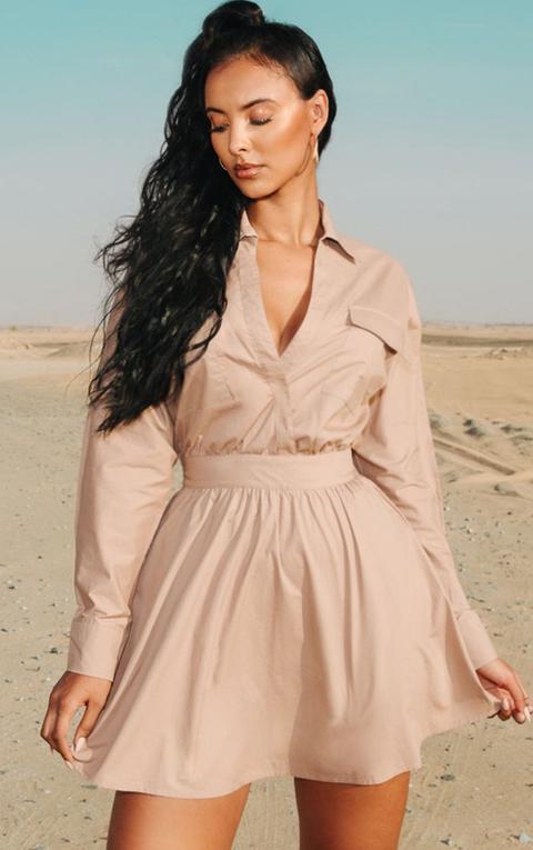 Taupe Utility Plunge Skater Dress