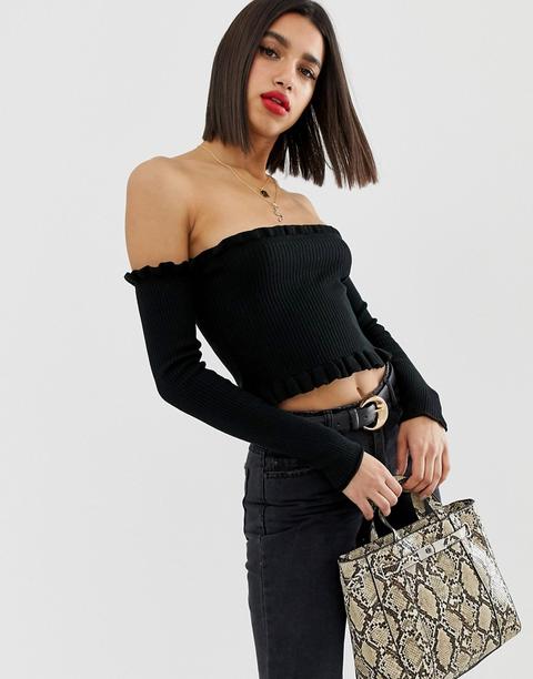 Asos Design - Top In Maglia Corto Con Ruches E Scollo Alla Bardot - Nero