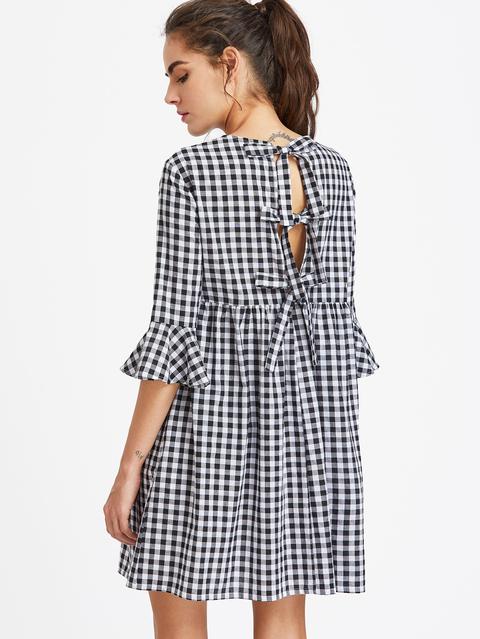 Bow Tie Open Back Fluted Sleeve High Waist Gingham Dress