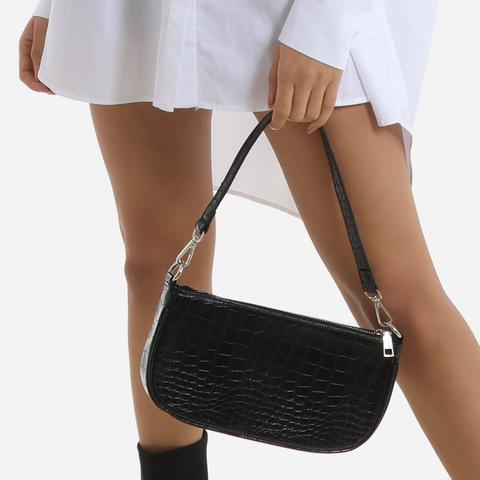 Baguette Bag In Black Croc Print Faux Leather,, Black