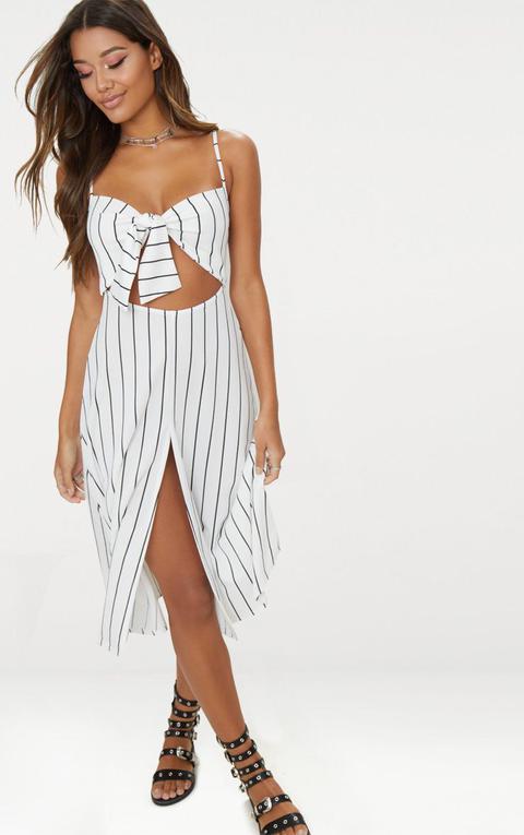 White Pinstripe Tie Front Strappy Swing Dress, Black