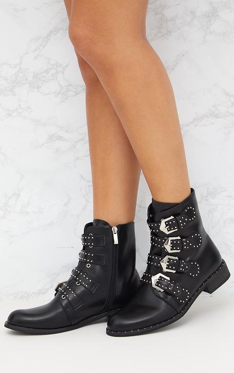 Black Pu Studded Buckle Ankle Boots