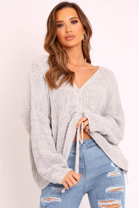 Grey Knitted Ruched Tie Front Jumper - Soraya