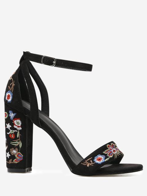 Embroidered Ankle Strap Block Heel Sandals