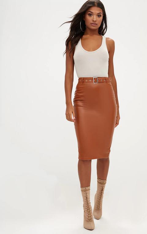 Tan Faux Leather Belted Midi Skirt, Brown