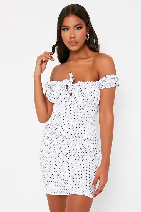 White Polka Dot Bengaline Milk Maid Bodycon Dress , White