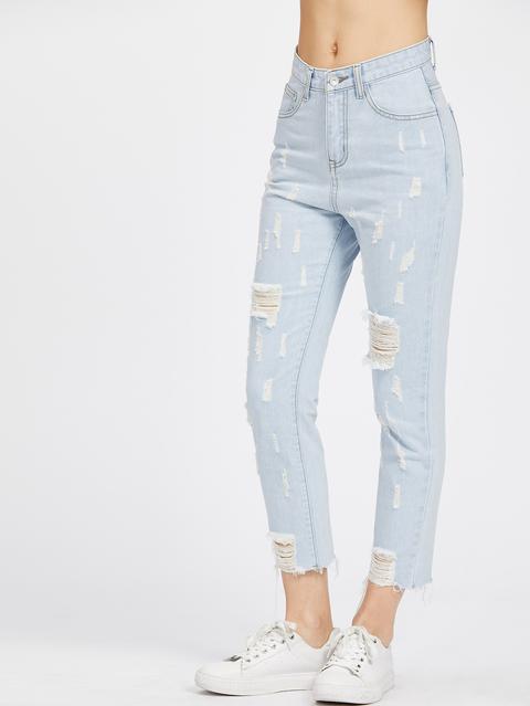 Light Wash Raw Hem Crop Distressed Jeans