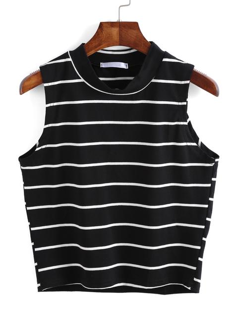 Top Cuello Redondo Sin Manga Rayas -negro