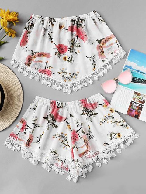 Lace Trim Floral Top With Shorts