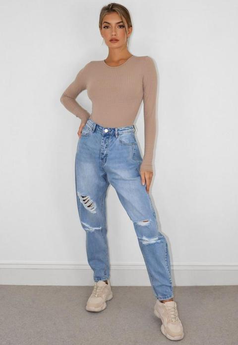 Tall Blue Distressed Tapered Mom Jeans, Blue