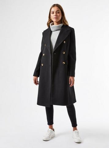 Womens Black Button Overcoat With Recycled Polyester, Black