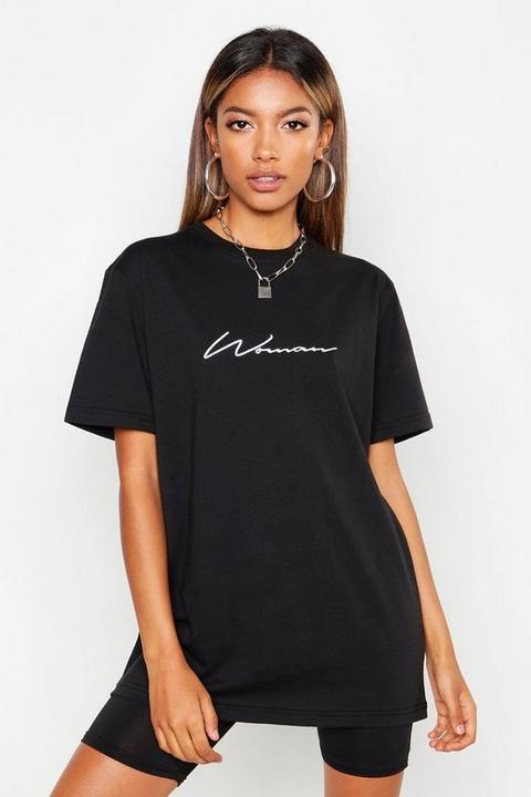 Womens Woman Script Embroidered T-shirt - Black - 10, Black