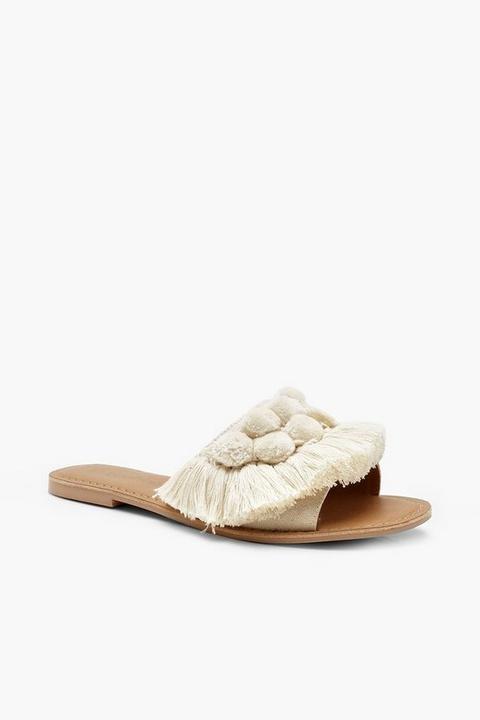 Womens Pom Pom Frill Leather Sliders - White - 5, White
