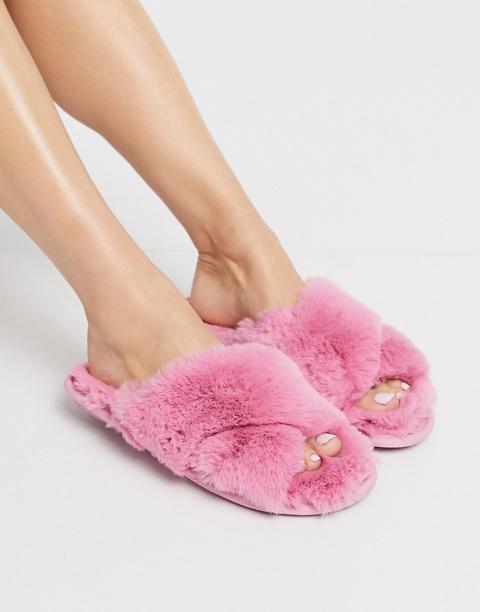 Women'secret Cross Over Fluffy Slippers In Pink