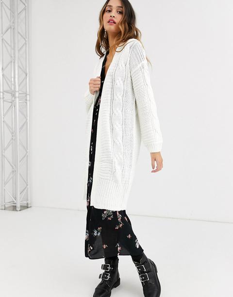 Qed London Longline Cable Knit Cardgian In White