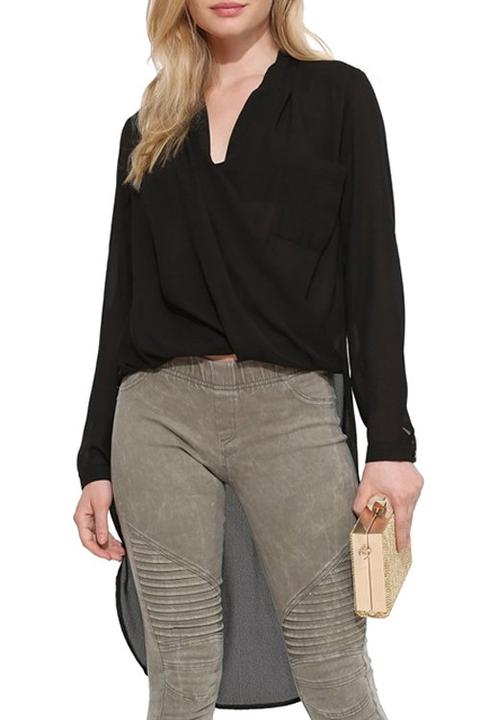 Black Chiffon V Neck Long Sleeve Blouse