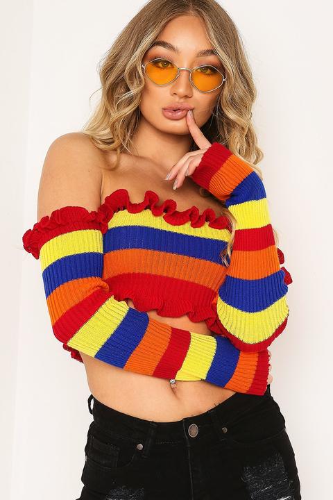 Rainbow Stripe Bardot Knit Crop